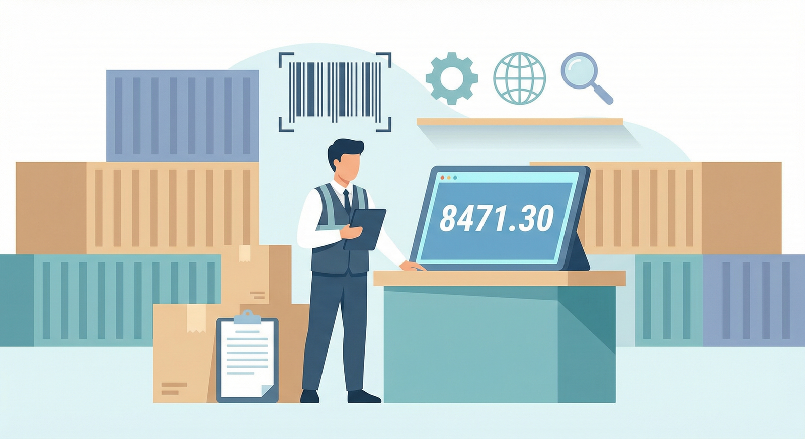 Close-up of a shipping document showing HS Code classification with cargo containers in the background
